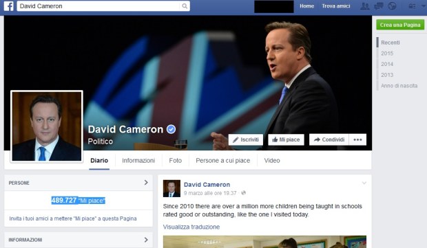 Pagina Facebook di David Cameron