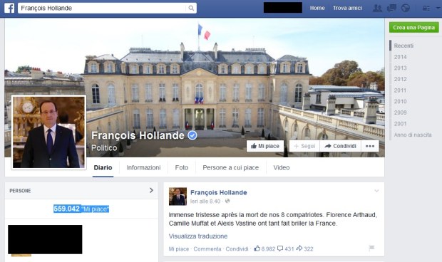 Pagina Facebook di Francois Hollande