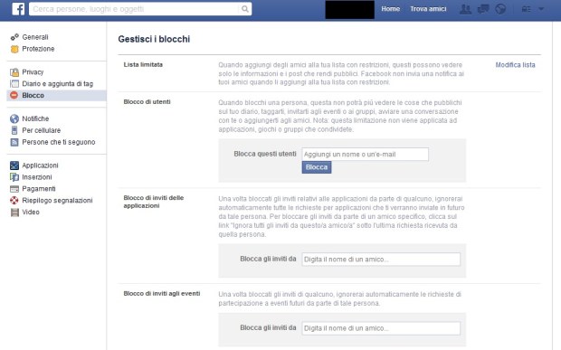Impostazioni Facebook: Blocco