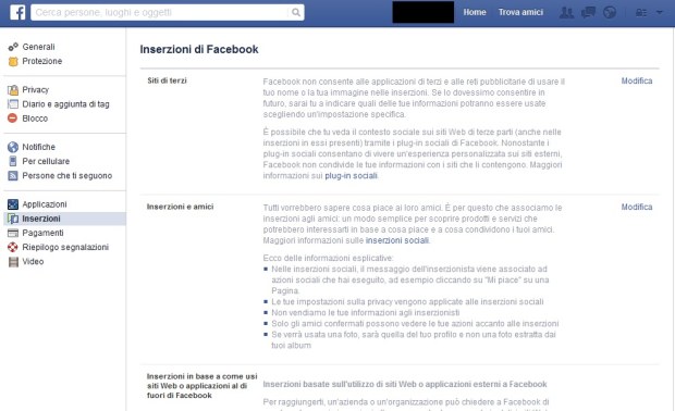 Impostazioni Facebook: Inserzioni