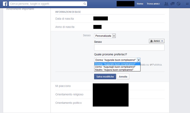 Facebook identità genere
