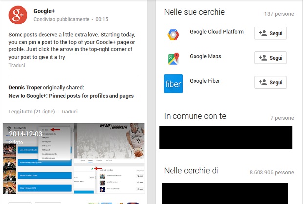 Google Plus post fissati