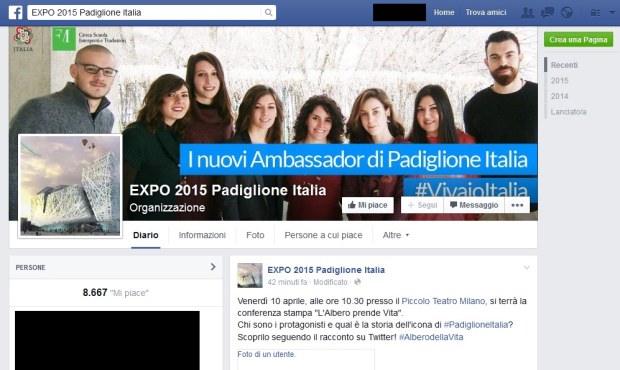 Facebook, pagina Expo 2015 Padiglione Italia