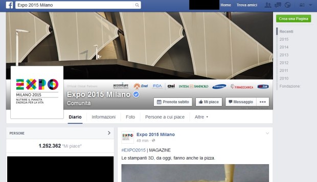 Facebook, pagina Expo 2015 ufficiale